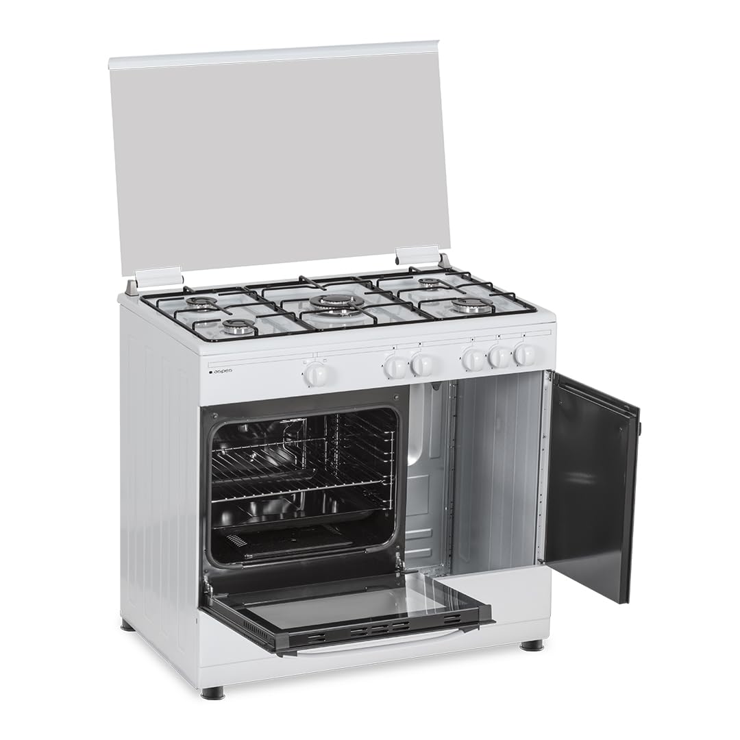 Aspes Cocina Gas Butano 90 cm 5 Zonas de Cocción, Horno 62 L, Blanco, AKGW5901PB. Control Manual, Quemador WOK Triple Llama, Compartimento Bombona Butano, Cristal en Puerta, Tapa Abatible