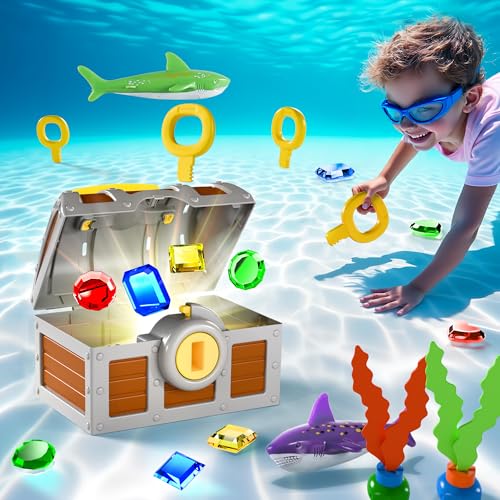 Funscape Kids Diving Pool Toy, Large Treasure Chest Water Dive Game W/Keys Gems Fish, Toddler Outdoor Swimming Treasure Box Playset, Fun Summer Swim Party Gifts 3 4 5 6 7 8 10 12 Year Old Boy Girl