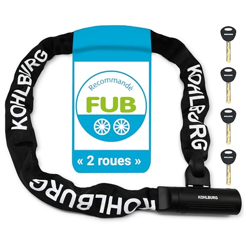 KOHLBURG Antivol Chaîne de Sécurité 125cm, homologué FUB 2 roues & Cadenas Velo avec Chaine d'Épaisseur en Acier spécial trempé, aussi comme Antivol Vélo...