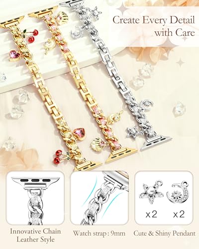 Image of Slim Gold Metal Band Compatible with Apple Watch Bands for Women 38mm 40mm 41mm 42mm 44mm 45mm 46mm, Dressy Designer Charm Bracelet Thin iWatch Bands for SE 3 2 1 Series 11 10 9 8 7 6 5 4 3 2
