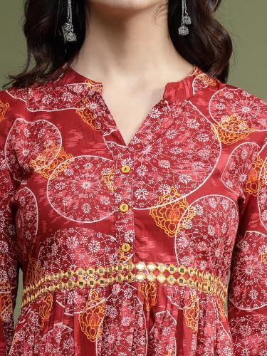 Image of Rama's Women's Printed Cotton One Piece Dress | V-Neck | 3 /4 Sleeves | Empire Waist | Knee Length Casual Dress for Women