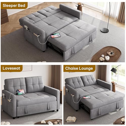 DWVO 55" Convertible Sofa Bed, 3-in-1 Sleeper Sofa with Pull-Out Couch, Velvet Futon Couch with Adjustable Backrest and USB, Modern Loveseat for Living Room Apartment, Light Grey