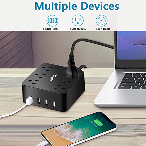 Power Strip with 4 USB Charging Ports and 6 AC Outlet, Desktop Charging Station with 4.6 ft Extension Cord, Circuit Breaker Safeguard Home&Office Accessories, Portable for Travel-Black