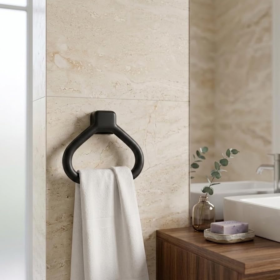 Image of CIPLA PLAST Modern Wall Mounted Towel Ring Holder | Self-Adhesive Towel Ring for Bathroom | Premium Plastic Bathroom Hand Towel Hanger, Durable & Rust-Free, Easy Installation, (Black)