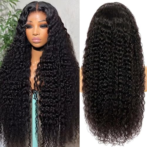 Deep Wave Lace Front Wigs Human Hair Deep Curly 13x6 HD Lace Frontal Wigs for Women 200% Desnity Glueless Wig Pre Plucked Super Soft Natural Black Color 24 Inch