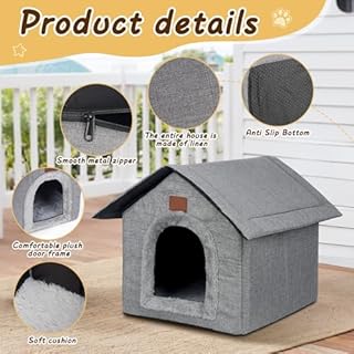 DAJASD Casetta Per Gatti All'Esterno Antipioggia, Cuccia Per Gatti Impermeabile, Rifugio Per Gatt Randagi Resistente Alle Intemperie con Cuscino in Peluche Pieghevole 35x30x35cm（Grigio Chiaro, S）