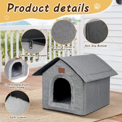 DAJASD Katzenhaus Outdoor Winterfest, Katzenhöhle, Hundehöhle mit Abnehmbarem Plüschkissen, Wasserdicht Wetterfester, Hundehütte Indoor, Hundehaus für Drinnen/Indoor 35x30x35cm (Grau, S)
