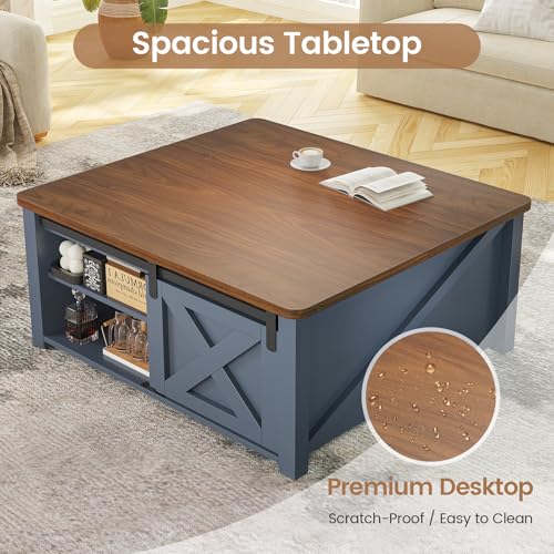 Image of SEDETA 31.5 inch Lift Top Coffee Table with Storage, Square Coffee Tables for Living Room, Farmhouse Coffee Table with Large Hidden Storage Compartment and Adjustable Shelves, Blue
