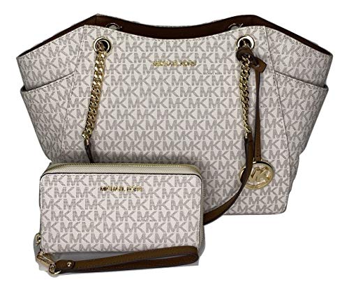 MICHAEL Michael Kors Jet Set Travel Large Chain Shoulder Tote bundled with Large Flat MF Phone Case Wallet Wristlet (Signature MK Vanilla)