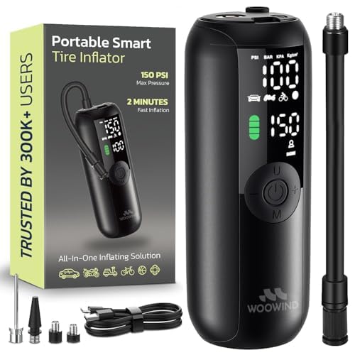 Woowind Portable Tire Inflator for Car, Bike Pump, Portable Air Compressor, 1 Minute Inflation, 150PSI Air Pump for Car Tires, Bikes, Motorcycles, Balls - with Digital Pressure Gauge