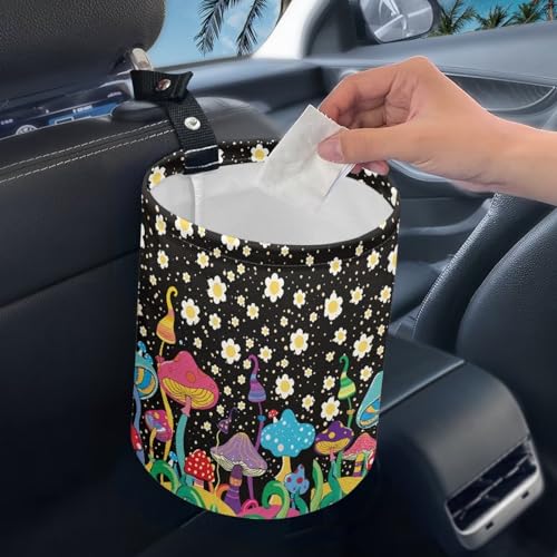 Image of Mushroom Daisy Trash Can Leak Proof Waste Basket Container Bag Bin Hanging Cup Holder Organizer with Strap Mini Car Interior Accessories for Auto, Camping, Travelling