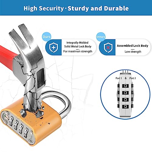 Image of 1 Pack disecu Heavy Duty 4 Digit Combination Lock, Anti-Error Feature, Outdoor Waterproof Padlock for School Gym Locker, Fence, Gate, Hasp Storage, Toolbox (Brass)