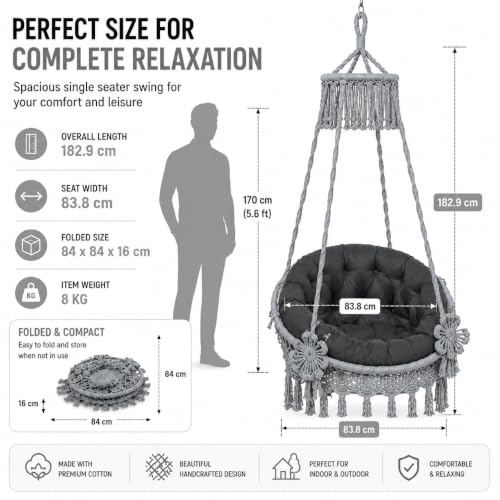 Image of Premium King Size Hammock Chair Swing with Cushion, 200kg Capacity | Indoor Outdoor Heavy Duty Adults & Kids Hanging Jhula for Home, Garden, Patio & Balcony | 1 Year Warranty (Grey)