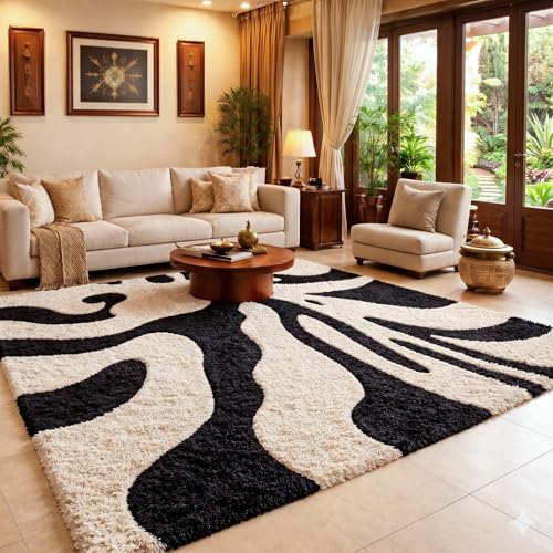 Image of 5x7 feet Shaggy Polyester Abstract Modern Area Rug - 2 Inch High Pile Ultra Soft Plush Carpet for Living Room, Bedroom & Kids Room, Thick Fluffy Rug for Indian Home Decor B - Rectangular