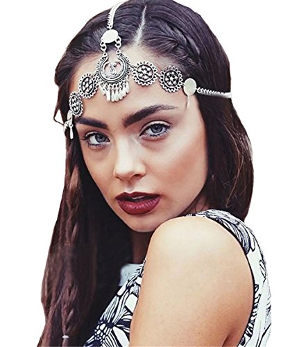Idealway Bohemian Vintage Silver Hollow Out Flower Headband Ethnic Head Chain Tassel Headwear Hair Jewelry