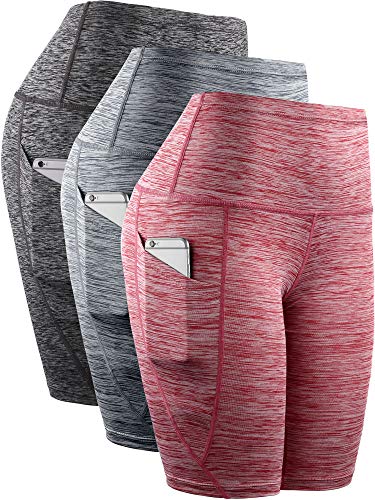 Neleus Women's 3 Pack Workout Running Yoga Compression Shorts Tummy Control High Waist,9035,Black/Grey/Red,US S,EU M