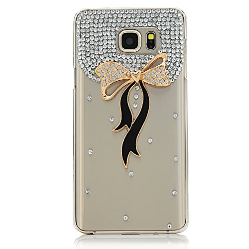 Note 5 Case, Galaxy Note 5 Case - Mavis's Diary 3D Handmade Bling Crystal Special Golden Bow with Black Ribbon Shiny Diamonds Gems Clear Cover Hard PC Case for Samsung Galaxy Note 5 & Clean Cloth