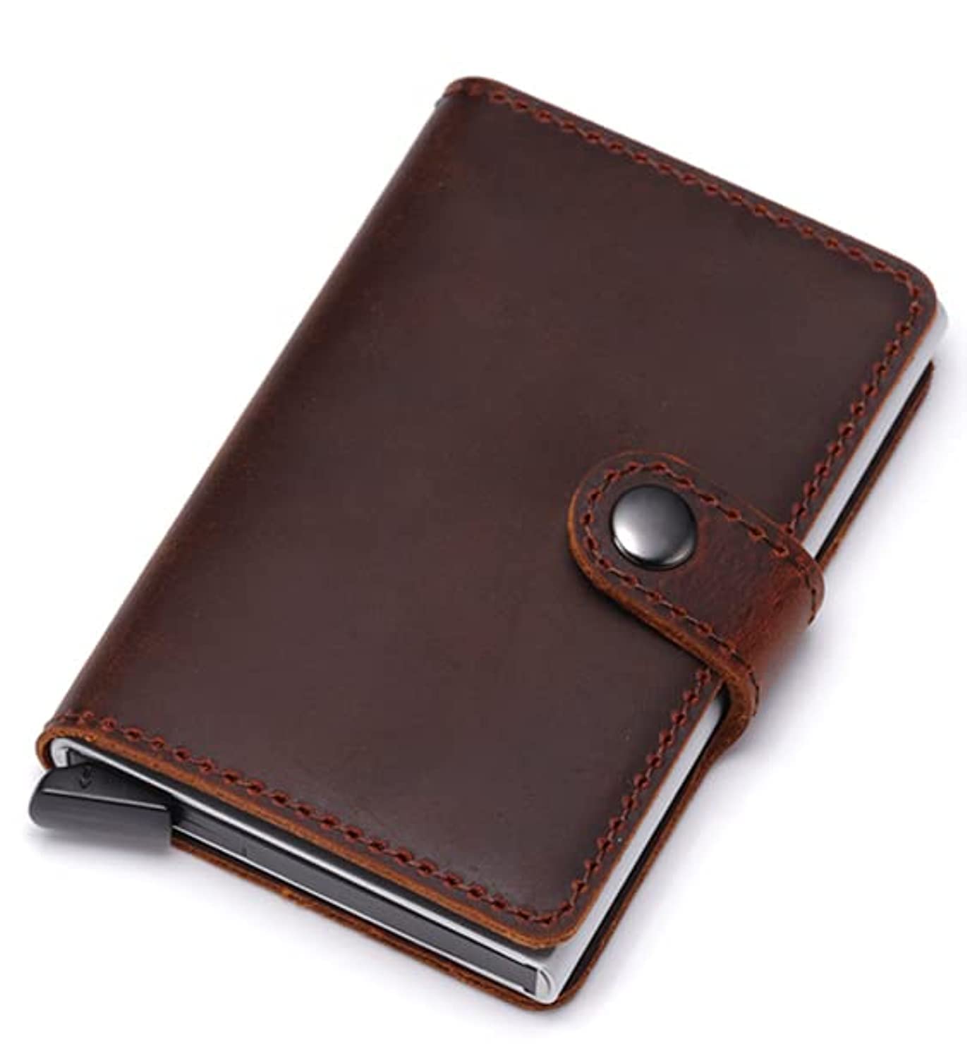 Pasit Pop-up Credit Card Holder for Men & Women - Genuine Leather, RFID/NFC Blocking, Easy to Use - Slim, Minimalist Wallet - Bank Cards Case with 8 Cards Holding Capacity, 1 Money Pocket - Brown