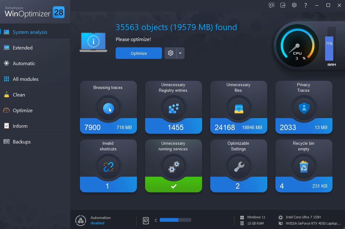 WinOptimizer 25 License for 3 PCs – Increase PC Performance, Stability & Privacy – Compatible with Windows 11, 10, 8.1, 8, 7