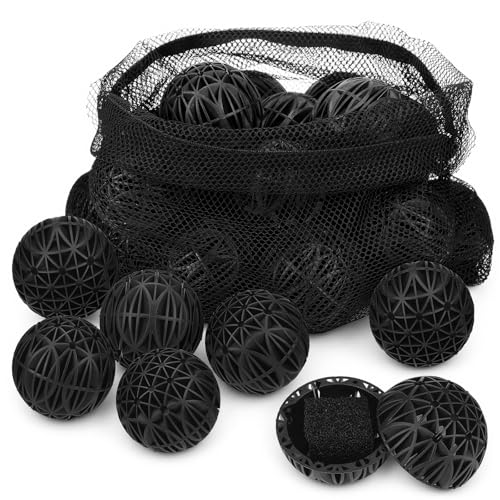 VIHOSE 20 Count 3 Inch Black Large Bio Balls Media Filter Durable Fish Pond Filter Media with Sponge Biological Filtration Mediums for Pond Aquarium Fish Tanks Filters with 12 x 16 Mesh Bag