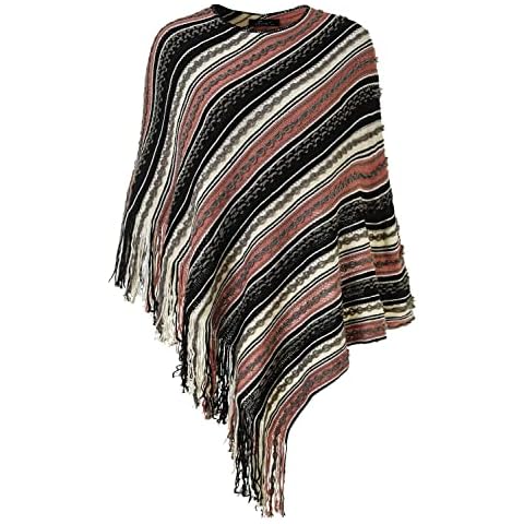 Ferand Womens Striped Crochet Top Sweater Poncho with Fringes - Elegant Shawl and Wrap for Evening Dresses, Jeans, Leggings, One Size Fits Most (XL or Less), Pink Cover