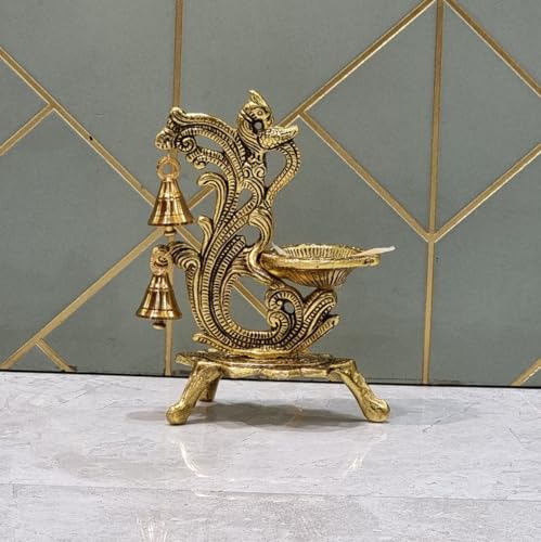 Image of Saudeep India Oxidized Metal Diya for Puja | Peacock Design Oil Diwali Lamp | Antique Akhand Diya for Temple, Home Decor, Pooja Room, Festivals (Gold, 14x9x20cm) (Pack of 1)