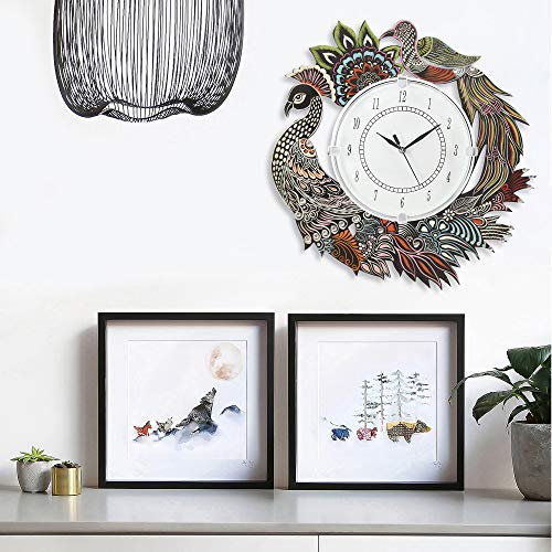 Image of Wooden Peacock Theme Wall Clock Round Quartz Analog Antique Decorative Clock for Home Decor