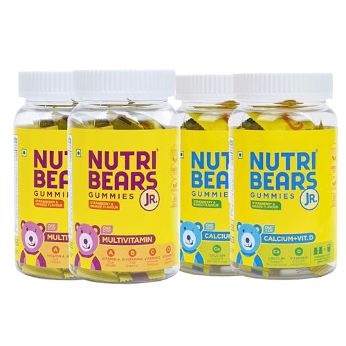 Image of NutriBears Multivitamin and Calcium Gummies for Kids, Combo Pack (120 Gummy Bears, Strawberry, Orange & Mango Flavour) Vitamin C, D, & Zinc for Immunity, Supplement for Strong Teeth and Bones