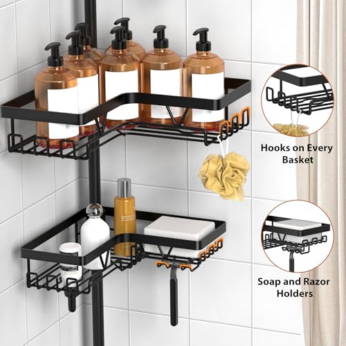 Image of KEGII 5-Tier Corner Shower Caddy Tension Pole, Adjustable 25-114.2 Inch Rustproof Bathroom Organizer Shelves with Hooks, Soap & Razor Holder, Inverted Bottles Design, Space-Saving Storage Rack, Black