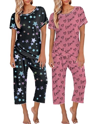 Image of Ekouaer 2 Pack Womens Pajamas Sets Short Sleeve Tops and Capri Pants Pjs Colorful Printed Sleepwear Sets