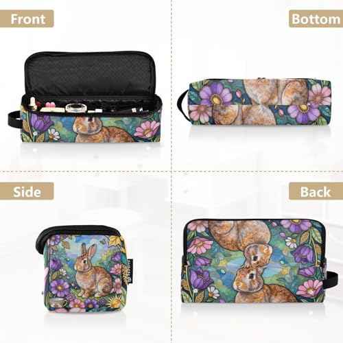 Bolsa de viaje para herramientas de cabello con almohadilla resistente al calor para plancha y rizador, organizador impermeable, diseño con conejo y flores miniatura 5