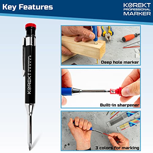 Korekt Professional Marker, All Metal Mechanical Carpenter Pencil With 12 Refills, Heavy Duty Welder Pencil With Built-In Sharpener, Lead Holder With Long Nose For Deep Hole Marking #TOP7