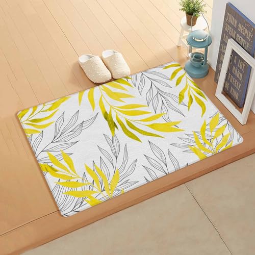 Yellow Leaves Kitchen Bath Door Mat Cushioned Runner Rug,Washable Welcome Floor Sink Antifatigue Mat,Waterproof Non-Slip Comfort Standing Doormat,Abstract Minimalist White Middle Century Line 18