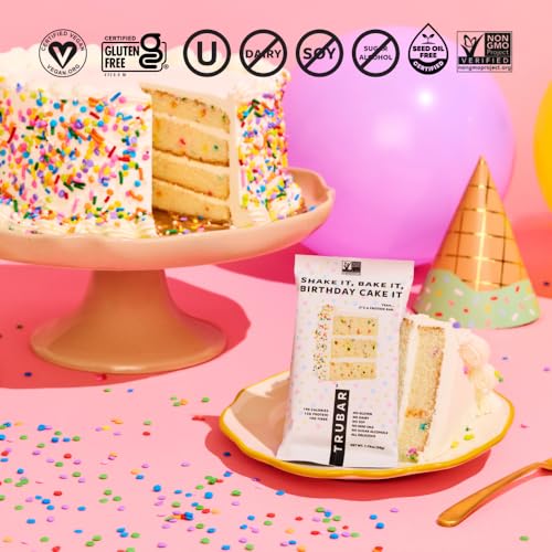 Image of TRUBAR Vegan Protein Bar, Shake it Bake it Birthday Cake it, Gluten Free, Plant Based Protein, Dairy Free, Non GMO, Soy Free, No Sugar Alcohols, 12G Protein, 12G Fiber, 23G Carb, Snack Bars, 12ct