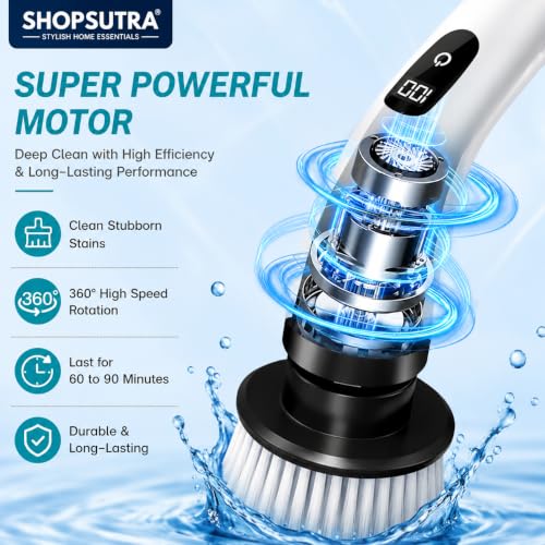 Image of Electric Spin Scrubber with Detachable Telescopic Handle, Rechargeable Cleaning Brush with Multiple Brush Heads and Pads, Battery Indicator Display