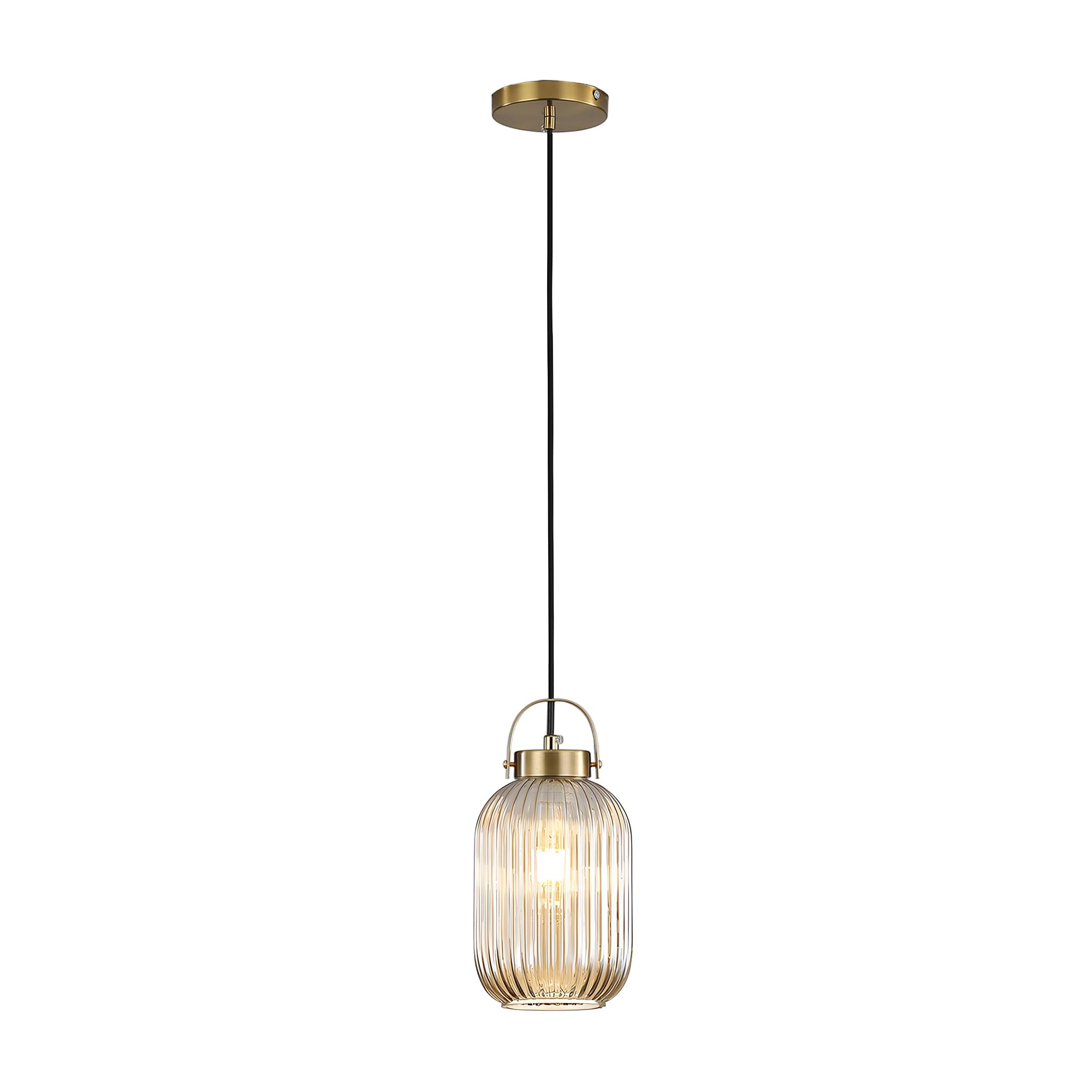Lámparas colgantes, portalámparas dorado con pantalla de vidrio rayado, lámpara colgante, lámpara de techo para cocina, sala de estar, dormitorio (Ámbar, S)