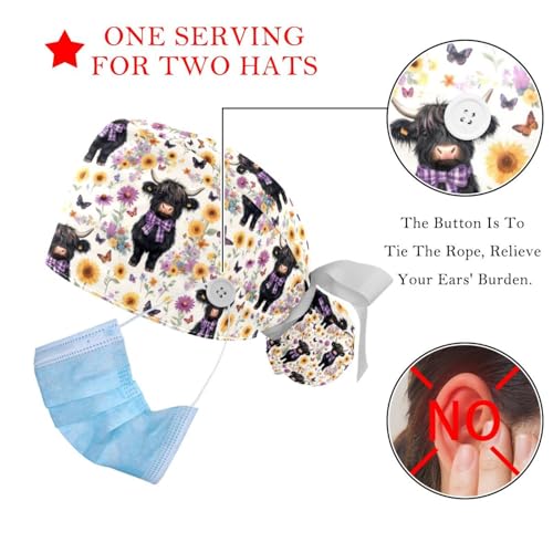 Image of 2 PCS Bouffant Cap with Button Ponytail Pouch Working Cap Sweatband Adjustable Surgical Cap Black and White Cow