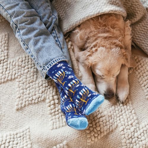 Image of Menorah Hanukkah Fuzzy Socks - Cozy Winter Holiday Crew Socks Unisex Size 10-13 - Soft Festive Blue Menorah Design with Snowflakes - Perfect Warm Gift for Chanukah Celebration