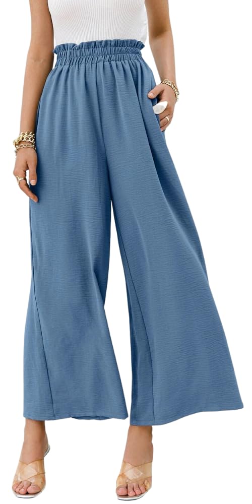 DinazahWomen's Wide Leg Palazzo Pants | High Waist Beach Boho | Casual Loose Long Trousers, Blue Gray, M