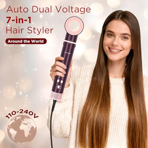 Image of MaxAIR 2.0 7-in-1 Hot Air Styler,Travel Dual Voltage Multi-Styler Set,High Speed Hair Dryer Brush with Air Hair Straightener,1.1 Inch Auto-Wrap Curlers,110,000RPM,Jasper Plum