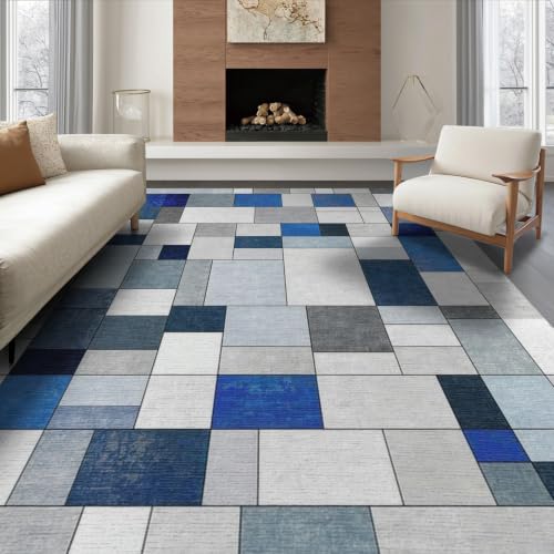 ODIKA 6'x9' White Gray Blue Abstract Interlocking Washable Area Rug