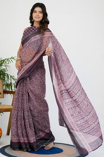 Image of MIRCHI FASHION Women Saree Cotton Blend Leaf Printed | Traditional Festive and Occasional Sari with Unstitched Blouse