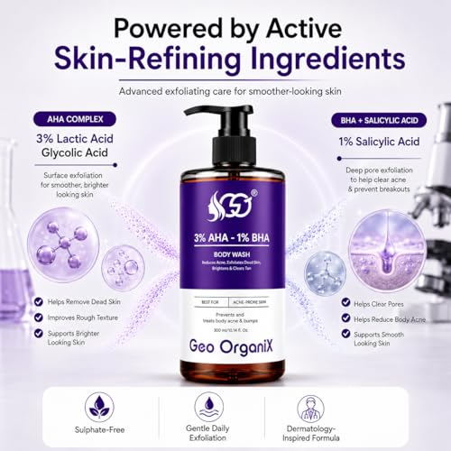 Image of AHA BHA Body Wash with 3% Lactic Acid, 1% Salicylic Acid & 1% Glycolic Acid | Exfoliating Body Cleanser for Body Acne, Rough Texture, Tan Removal & Smooth Skin | 300 ml