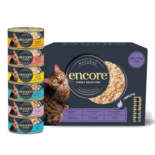 Encore 100% naturalna mokra karma premium dla kotów, najlepszy wybór kurczaków i ryb w bulionie dla kotów dorosłych – opakowanie w puszkach 48 x 70 g