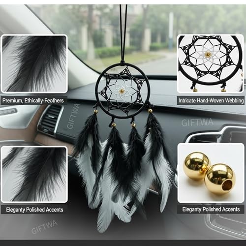 Image of Black Dream Catcher 3 Inch with Black & White Mix Feathers - Mini Dreamcatcher for Car Hanging, Wall Hanging, Home Decor, Positive Energy Protection