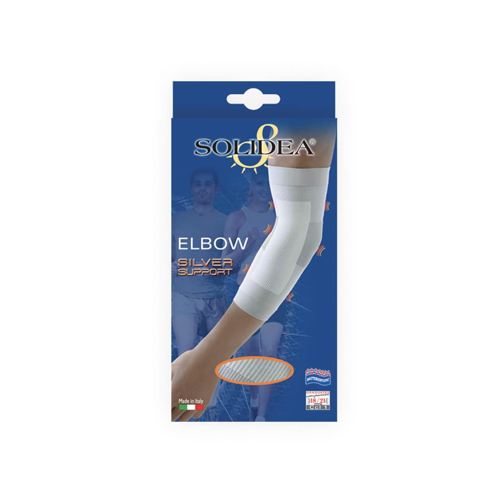 SOLIDEA Codera Tendinitis Codo Silver Support Elbow Compresión Graduada 18/21 mmHg | Codo de Tenista Codera, Coderas Gym, Codo Tenista (Camel, XL)