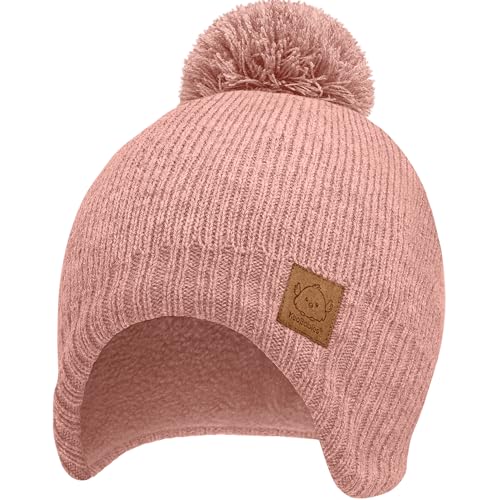 Image of Baby Beanie Winter Hat 6-36 Months - Cute Pom Winter Baby Hats with Earflaps, Soft & Stretchy Knit Toddler Beanies for Infant, Newborn 6-36 Months Boys, Girls, Cozy, Warm Fall Essentials (Tea Rose, M)