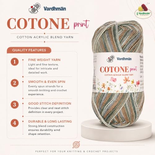 Image of Vardhman Cotone Print Cotton Acrylic Yarn 6 Ply Fine Weight Yarn | Pack-1