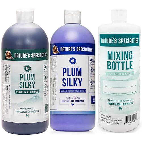 Image of Nature's Specialties Plum Silky Groom Bundle, Ultra Concentrated Shampoo + Conditioner + Mixing Bottle, 32oz, Made in USA