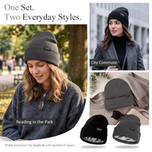 Image of 2 Pack Satin Lined Beanies for Men and Women Warm Cuffed Winter Hats | 60% cotton and 40% acrylic knit with smooth satin lining, stretch fit, cuffed ear coverage, and two-hat value for winter wear